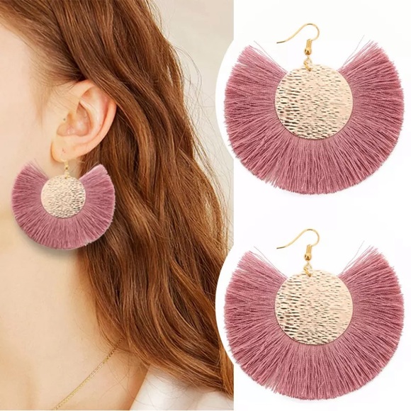 Pink Tassel Fringe Gold Textured Metal Earrings - Picture 2 of 2